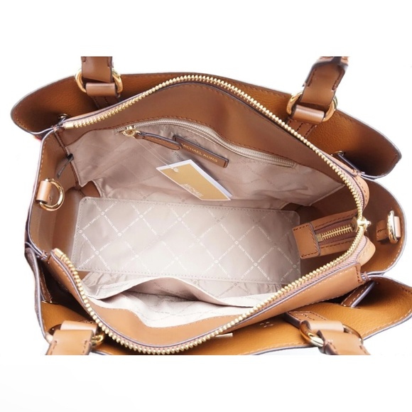 Michael Kors Reed Large Belted Satchel Bag Purse Brown MK Signature - Picture 4 of 8